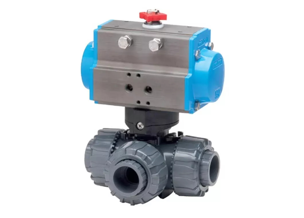 1-1/4" Bonomi 8P3LSRPVC - PVC, L-Port, Full Port, Ball Valve with Spring Return Pneumatic Actuator