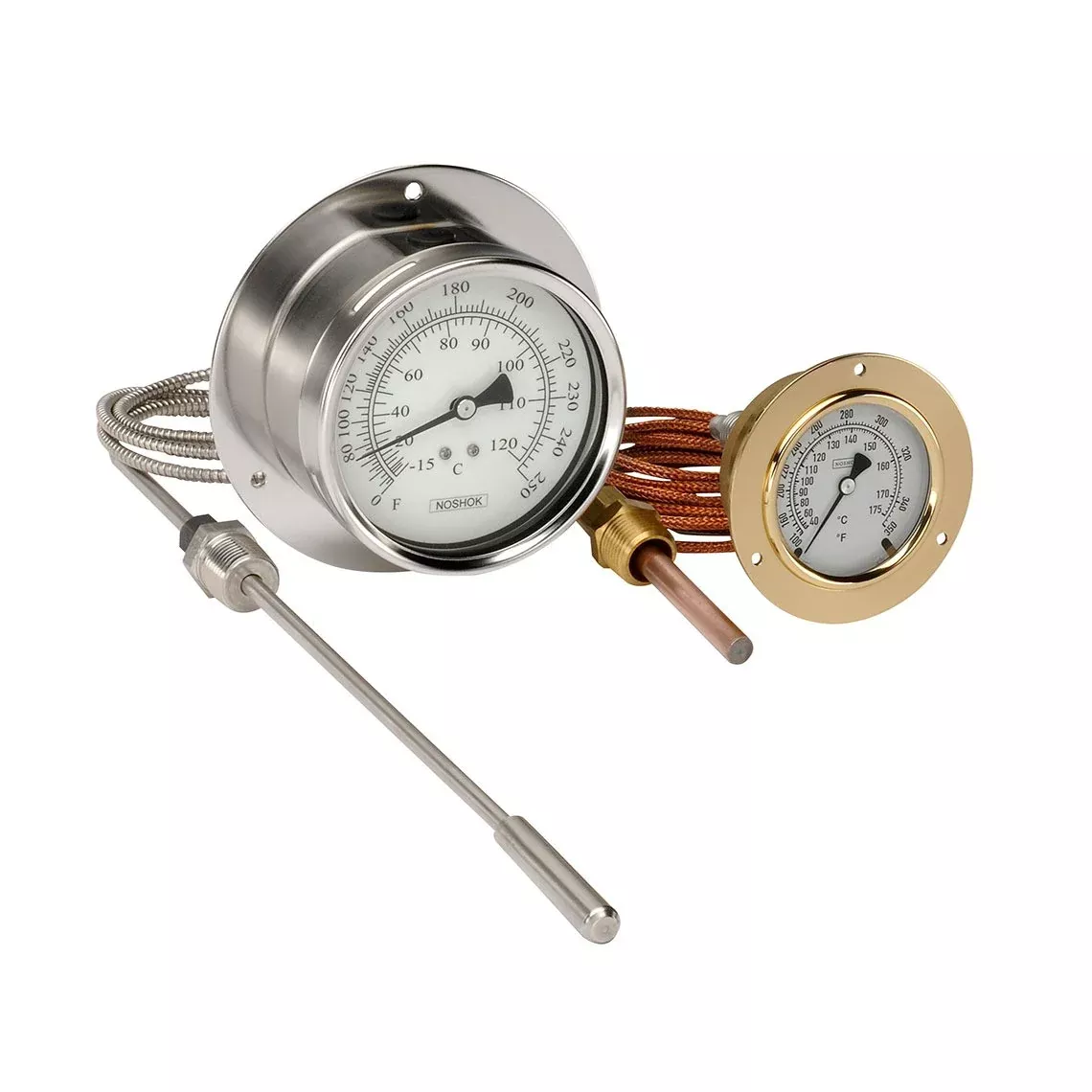 2-1/2" NOSHOK 300 Series Vapor Actuated Remote Dial Indicating Thermometers, 25-310-2-4-7-2-15-3-2, 30 to 240 ˚F/˚C Armored Copper Capillary, 15 ft, 1/2" NPT Union Copper Bulb 4-1/2" x 3/8", -40° Service Fill, Chrome Bezel, U-Clamp
