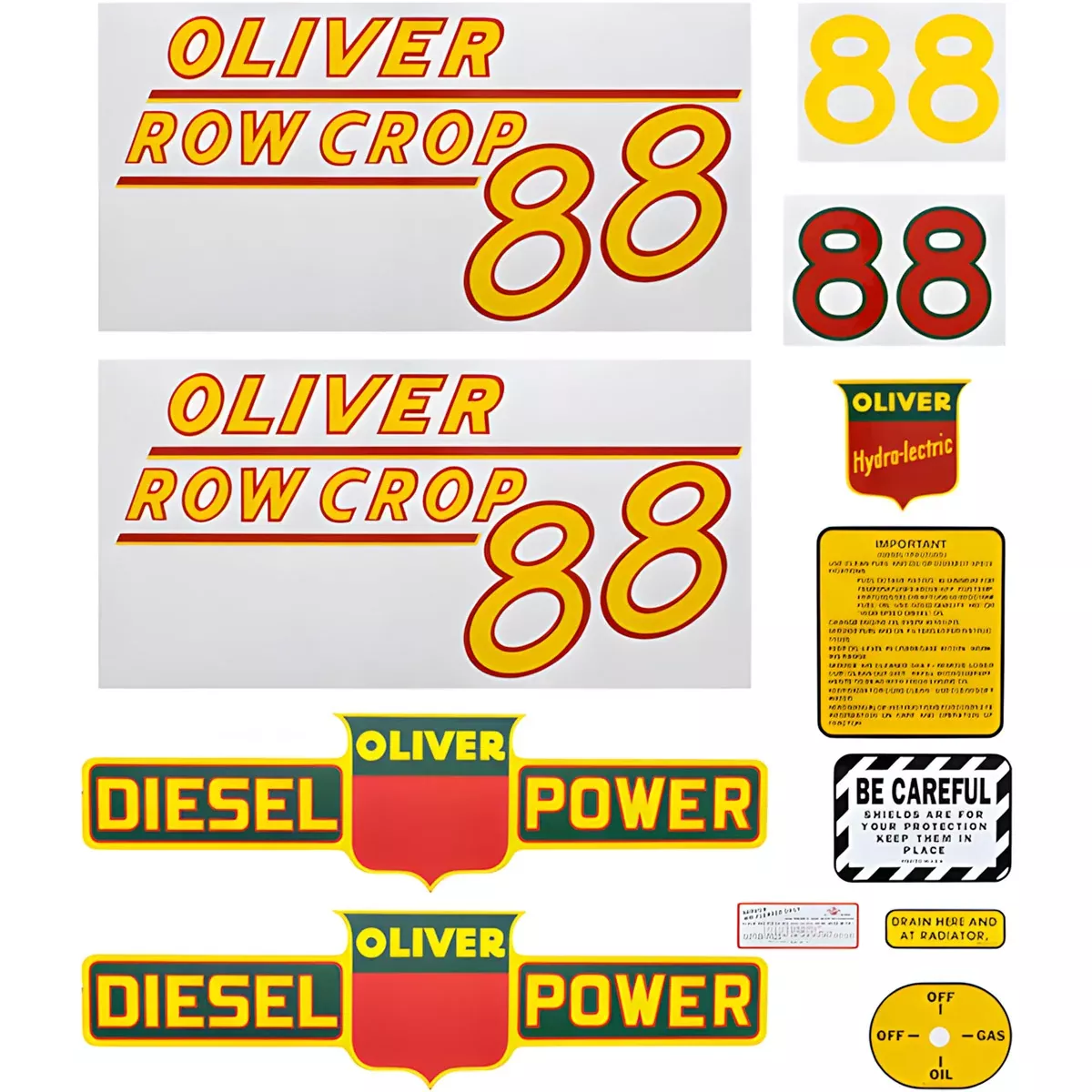 Decal Set for Oliver 88 Row Crop Diesel Mylar - Yellow Numbers