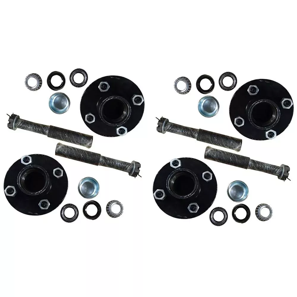 (Pack of 4) Trailer Axle Kit with Hubs, Spindles, Grease Seals, Caps & Bearings